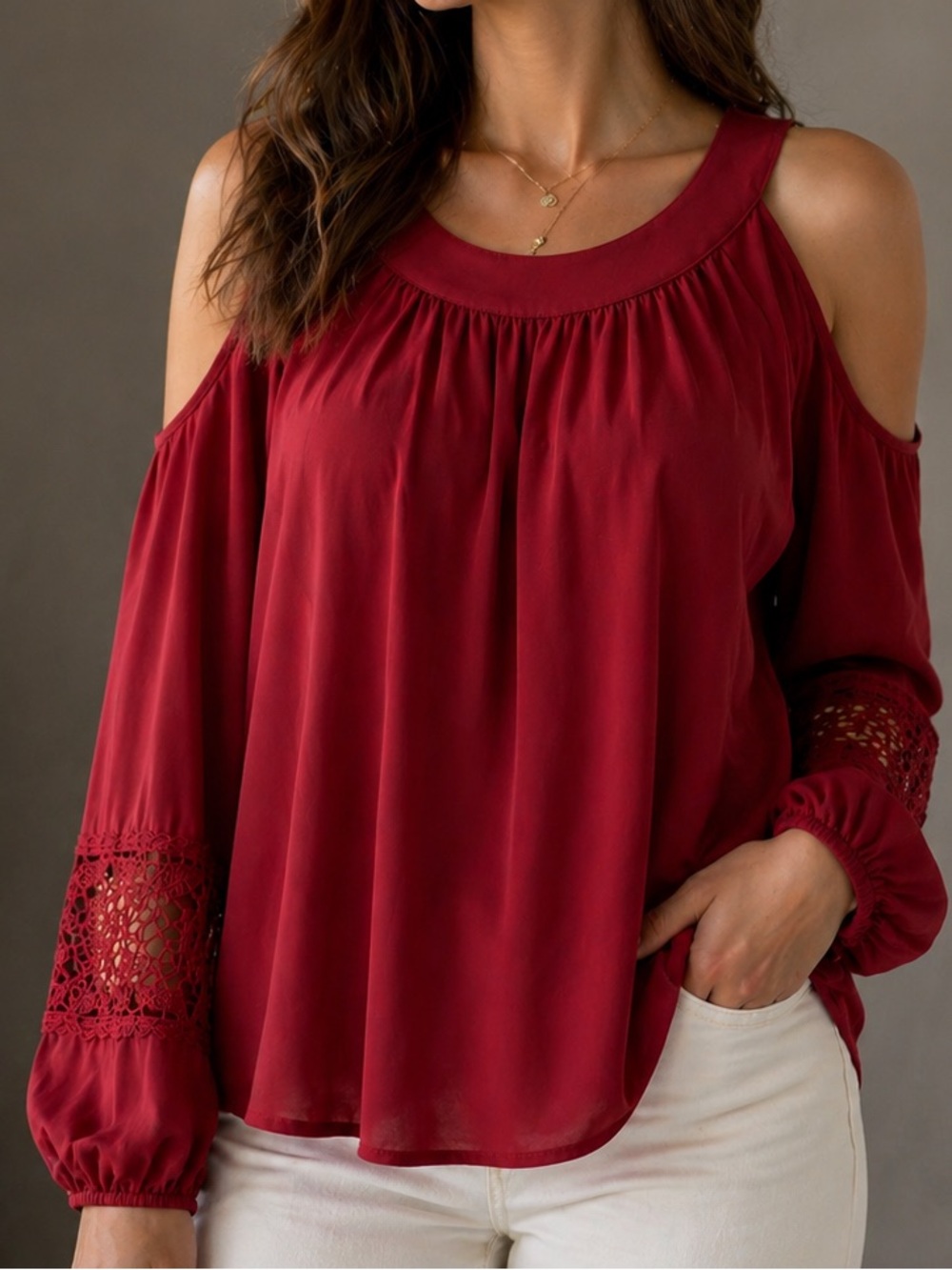 Express Wine Red Cold-Shoulder Blouse